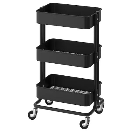 black ikea utility card with three small shelves on wheels