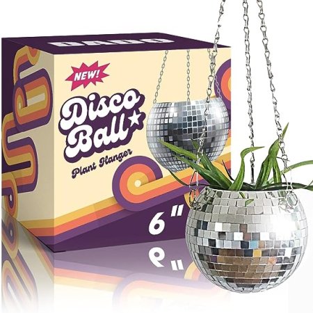 A hanging plant holder that is shaped and looks like a disco ball