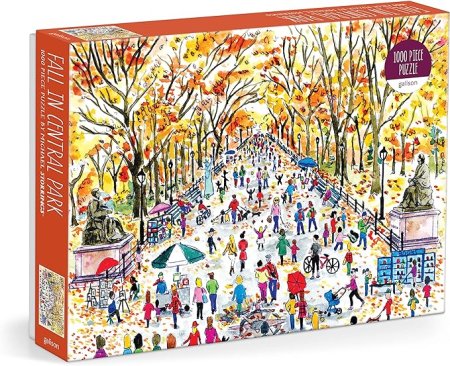 Puzzle of fall in central park with sketches of people walking around and beautiful fall colours on the trees. Has 1000 pieces