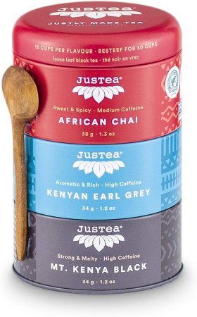 Three small canisters of tea - African Chai, Kenyan Earl Gray and Mt. Kenya Black. comes with a spoon to scoop out the tea as well