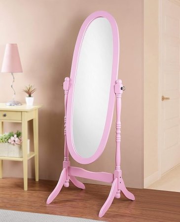 Large oval floor mirror that has a built-in stand with pink trim.