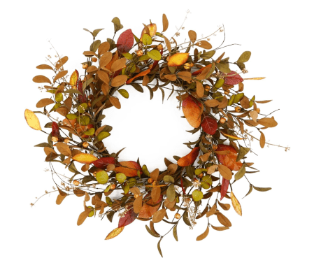 Fall wreath for front door with leaves and pumpkins